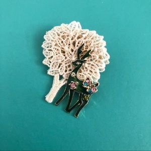 Artisanal Enamel Deer on Crochet Tree Brooch